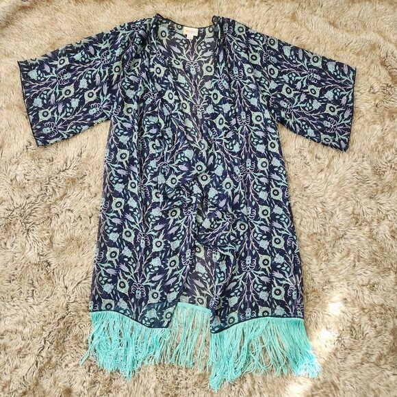 Lularoe‎ Monroe Kimono with Fringe Floral Print Blue and Teal Size Small - Picture 1 of 9